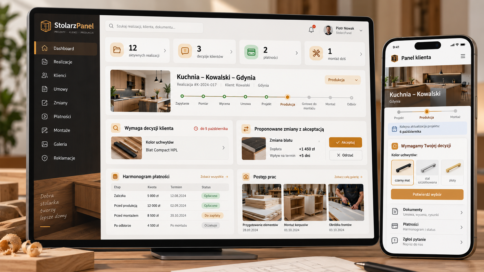 StolarzPanel — panel stolarza na monitorze i panel klienta na smartfonie
