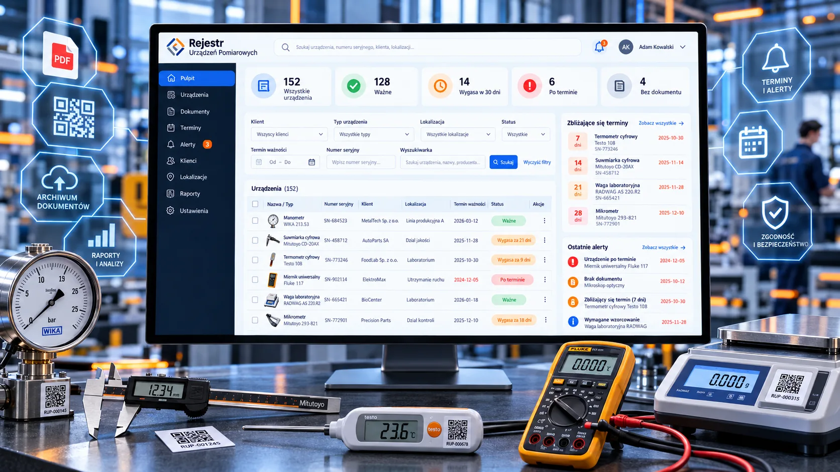 Rejestr Urządzeń Pomiarowych - dashboard urządzeń, dokumentów i terminów