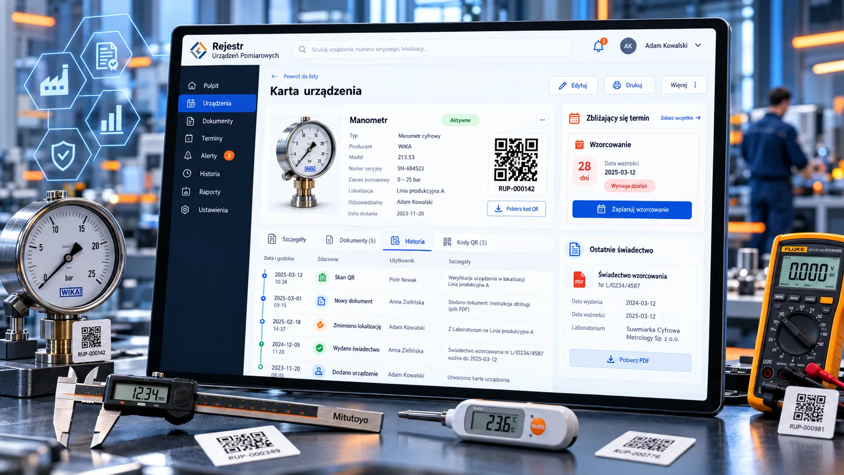 Karta urządzenia pomiarowego z historią i kodem QR